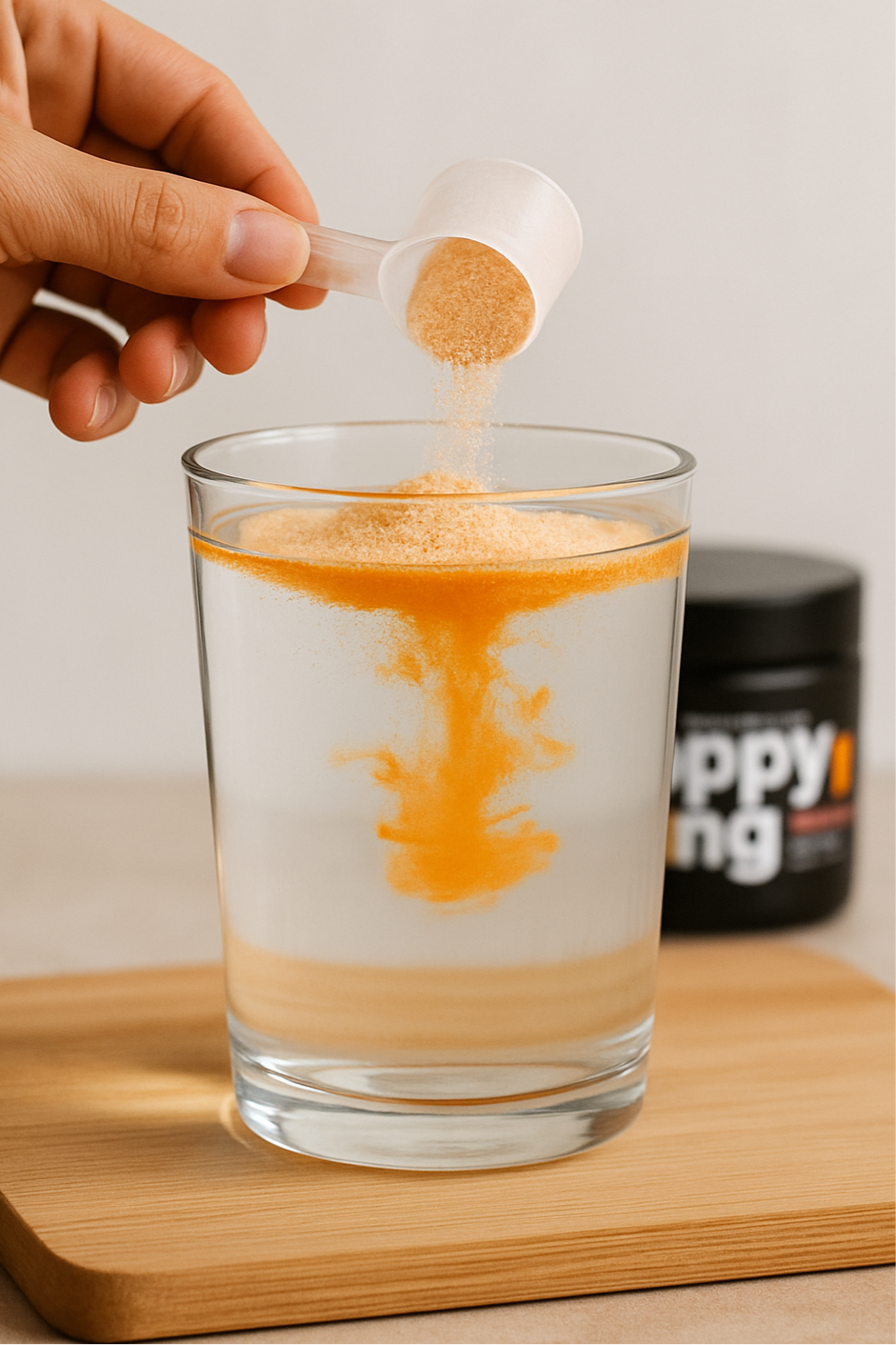 Hand adding a scoop of powder to a glass of liquid on a wooden surface.